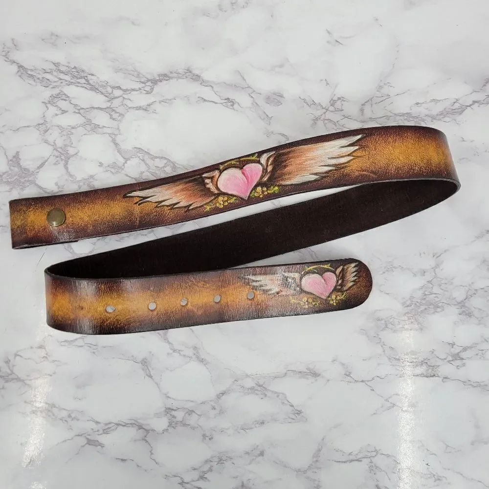 Y2K Brown Tan Painted Heart Angel Wings Belt NO BUCKLE